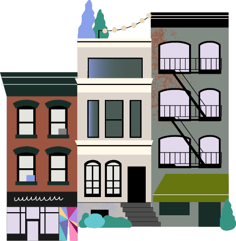 Illustration of a row of city buildings