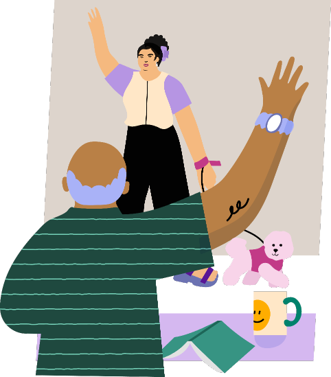 Illustration of community members waving and greeting one another