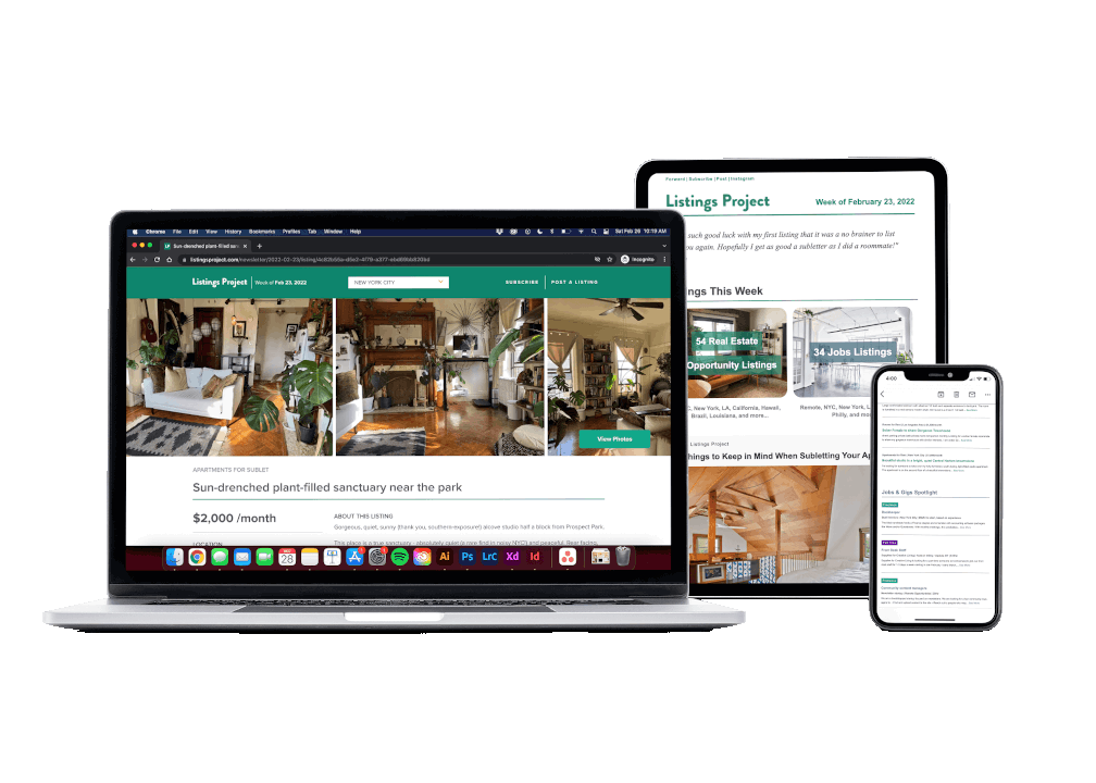 Image of a laptop, table and smartphone displaying the Listings Project website